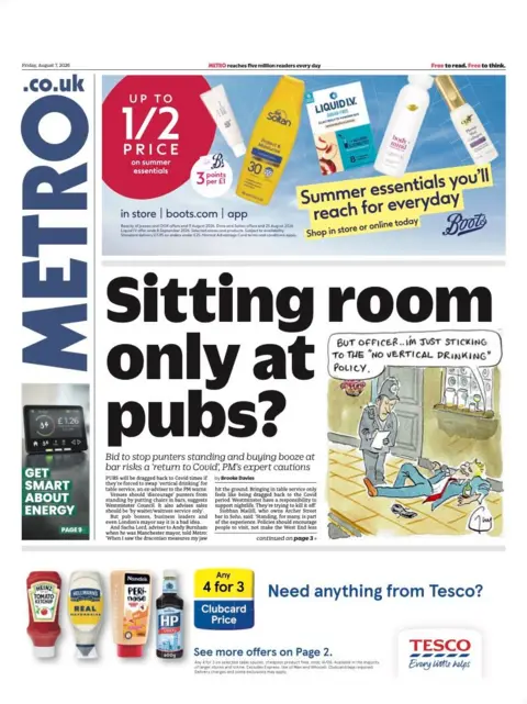 "Sitting room only at pubs?" reads the headline on the front page of Metro.