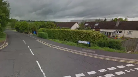 Google A street in West Lothian. A grey tarmac road with white markings runs through the middle. A hedge is behind a street sign and in front of a white house with a red roof on the right side of the picture. The sky above is grey.