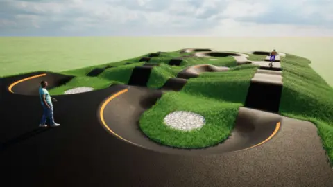 East Suffolk Council An artist's impression of a black track route, which goes up and down, surrounded by grass. There is an image of a man walking to the track and someone on a bike using it.