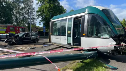 Car crashing into tram at Queen's Walk in Nottingham