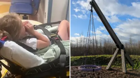 Girl in hospital and swing that injured her