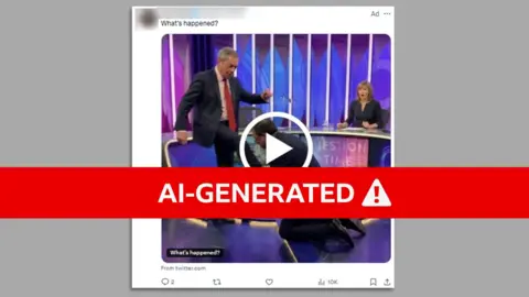 BBC/X A screenshot of an X post promoted as an advert on the platform. It contains a fake, AI-generated image depicting Nigel Farage kicking Andrew Bailey, who is kneeling on the floor on the set of BBC Question Time, with presenter Fiona Bruce shown in the background. The text of the post asks "What's happened?". The BBC has covered the image with an "AI-GENERATED" label with an alert symbol.