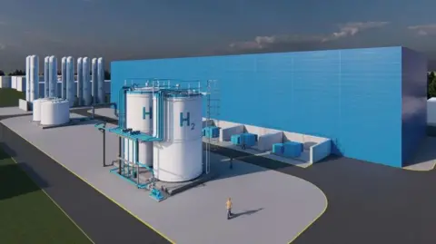 Ironside Farrar An artist's impression of how a hydrogen energy plant might look with large containers and a blue industrial building