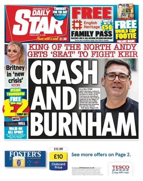 The headline on the front page of the Daily Star reads: “Crash and Burnham”.
