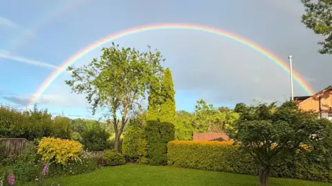 Stan View of a garden with the corner of a lawn bordered by a neat hedge to the right and shrubs and some white and purple flowers to the left. In the centre is a tree in full leaf next to a tall conifer and another, shorter tree in the right foreground. Further trees can be seen in the background. A full rainbow arches above the scene in a blue sky with hazy cloud.