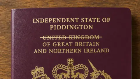 A maroon British passport with the UK crossed out and 'Independent State of Piddington' written on it.