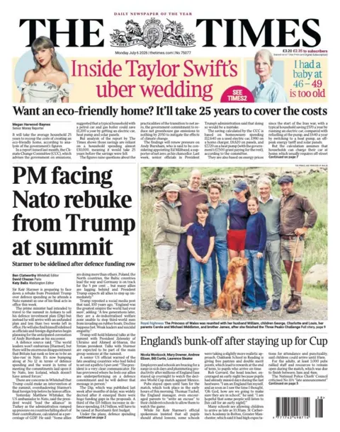 The headline on the front page of the Times reads: 'PM facing Nato rebuke from Trump at summit.'