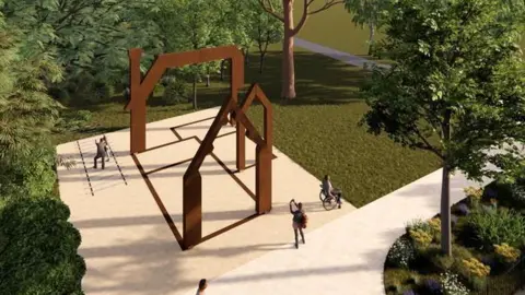 Stockton Council Artist impression of replacement for Preston Park lodge. It shows an elevated view of three steel allow girder frames, roughly replicating the existing lodge which will be demolished. Four people, including a man in a wheelchair, are depicted on the flat paved area around it, which includes a set of rails and paving stone sleepers at the top right hand corner 