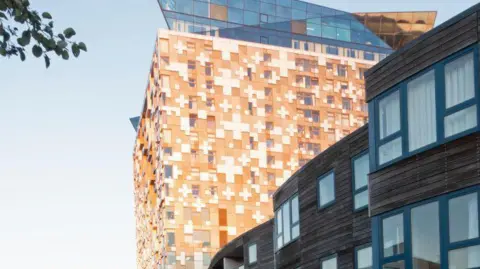 The Cube 25-storey building, taken from street level on the Birmingham Canal. The building is clad in brown and white tiles arranged in geometric patterns, and lower-rise flats can be seen on the right, clad in brown wood.