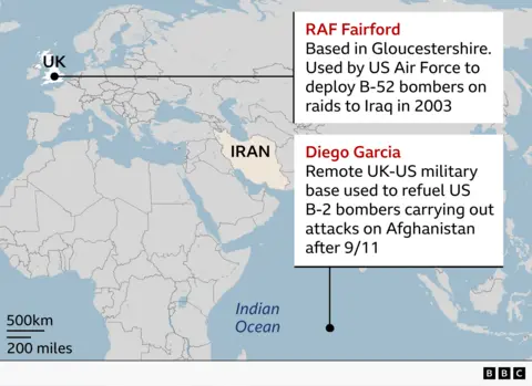 The image is a labelled map showing parts of Europe, Africa, and the Middle East, highlighting connections between the UK, Iran, and military bases used by the United States.