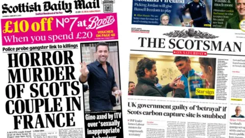 Composite image of the Scottish Daily Mail (left), headlined "Horror murder of Scots couple in France" and The Scotsman (right), headlined "UK government guilty of 'betrayal' if Scots carbon capture site is snubbed"