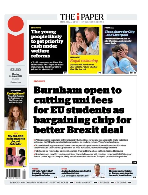 The headline on the front page of the i Paper reads: “Burnham open to cutting uni fees for EU students as bargaining chip for better Brexit deal”.