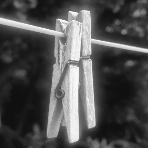 Miriam Simmons Two apparel  pegs connected  a washing enactment     