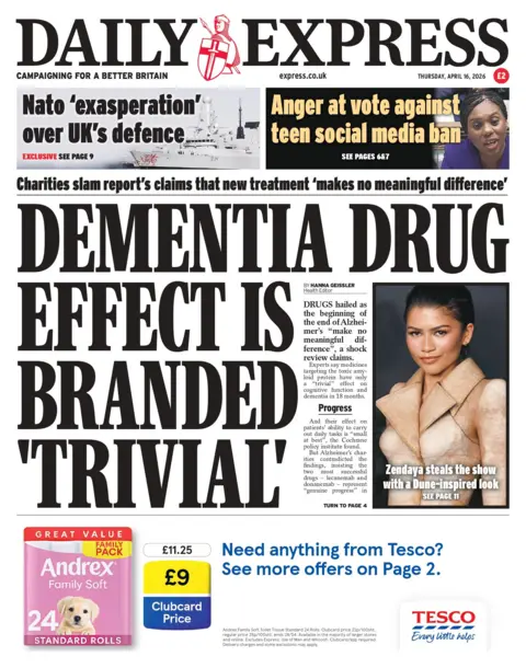 "Dementia drug effect is branded 'trivial'," reads the headline on the front page of the Daily Express.