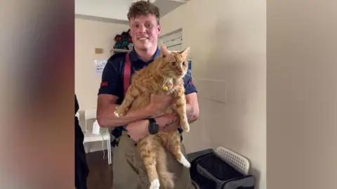 Leicestershire Fire and Rescue Service A firefighter holding a ginger cat