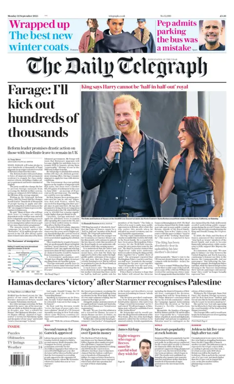 "Farage: I'll kick out hundreds of thousands" reads the headline on the front page of The Daily Telegraph.