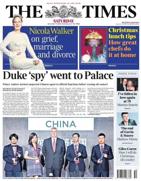 The Times front page leads on the Duke of York's link to an alleged Chinese spy. 