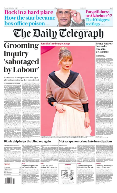 "Grooming inquiry 'sabotaged by Labour'," is the headline on the front page of The Daily Telegraph. 