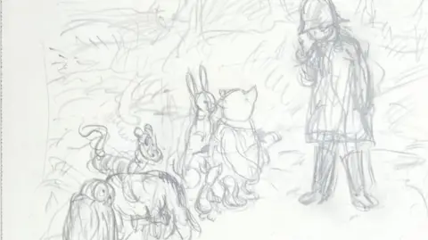 A pencil sketch of Christopher Robin, Pooh bear, Roo, Owl, Tigger and Rabbit