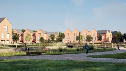 BM3 Architecture The artist's impression shows new houses surrounding a central, green space with a partial fence and gravel pathways leading away from it. People are walking on the path and some small trees are also dotted about and the sun is shining.