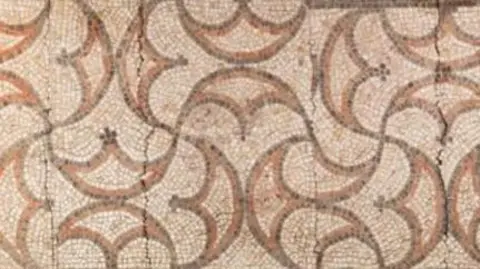 A part of the pelta pattern mosaic. There are some visible cracks across it. The colour scheme is beige and brown.