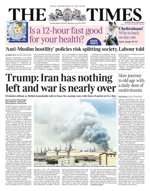 "Trump: Iran has nothing left and war is nearly over," reads the headline on the front page of the Times.