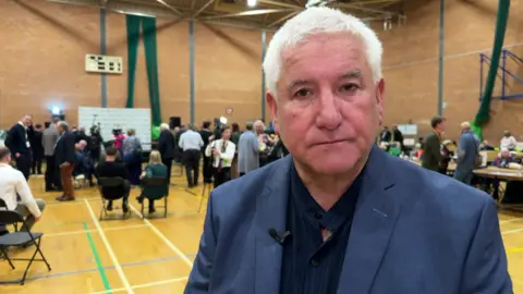 A man with white hair is wearing a blue jacket and a darker blue shirt. People are inside in the background behind him.