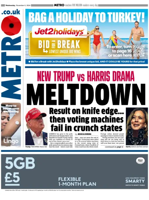 The headline on the front page of the Metro reads: 