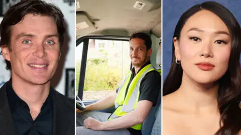 Montage: Close up of Cillian Murphy who has large blue eyes and swept back dark hair; a delivery driver in a hi-vis jacket sitting in his van smiling at the camera; Yerin Ha, who has dark hair lightly waved over one shoulder, at a Bridgerton premier