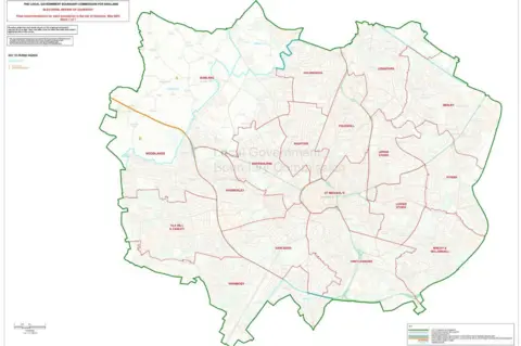 LGBCE This map of Coventry shows the new boundaries for Coventry City Council elections from 2026. It is illustrated with a green boundary showing the city limits and red lines to show the new wards. The ward names appear in red writing.