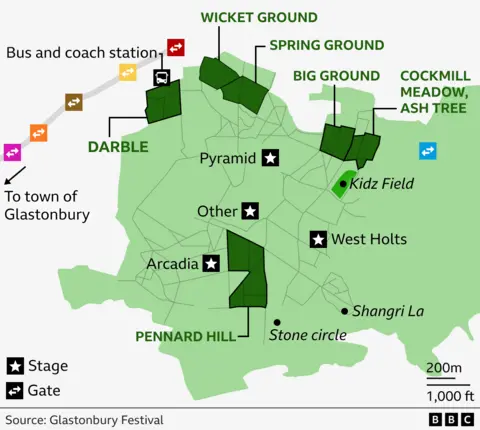 Map of the Glastonbury festival highlighting the campsites Darble, Wicket Ground, Big Ground, Cockmill Meadow, Ash Tree and Pennard Hill, as well as the main stages and gates