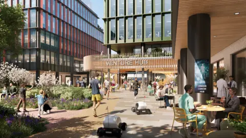Socius Computer generated artists impression of how the outside of the hub will eventually look. Two large modern-looking buildings can be seen with a sign saying "Venture Hub" above the door. 
