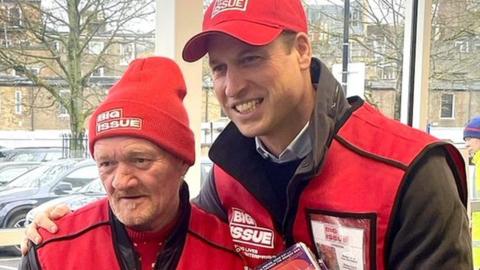 Dave Martin and Prince William in their Big Issue tabards