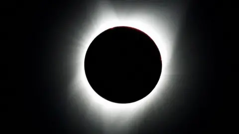 A total solar eclipse with the white rays of the sun peeking out behind the moon which is obscuring it, with a dark black sky behind it.