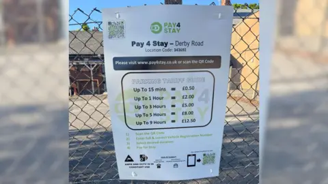 Michelle Rigley A view of the pay and stay signage which is now in the car park, with prices including 50p for 15 minutes, and £2 for one hour.