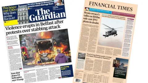 A composite image of the front pages of the Guardian and the Financial Times on 10 June 2026