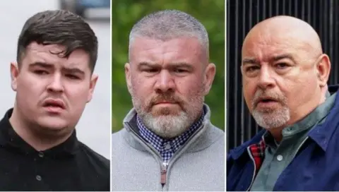 PA Media Jordan Devine, Peter Cavanagh and Paul McIntyre (left to right) are all accused of the murder of Lyra McKee