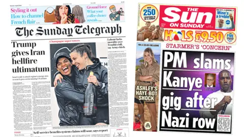 A composite image of the front pages of Sunday Telegraph and the Sun on Sunday. "Trump gives Iran hellfire ultimatum" reads the headline on the front page of the former and "PM slams Kanye gig after Nazi row" reads the headline on the front page of the Sun on Sunday.