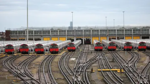 Reuters Tube trains are parked at the London Underground Boston Manor depot, during a 24-hour Tube strike.