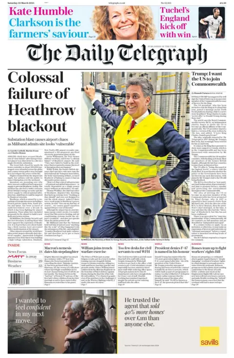 Judul dalam The Daily Telegraph berbunyi: Kegagalan Kolose Heathrow Blackout