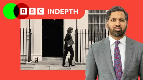 Faisal Islam in front of an image of Rachel Reeves walking past a black door, holding a red folder
