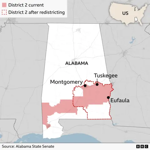 A map shows how district two is changing. The current map's district is shaded pink, and the new shape of the district is outlined in red. The cities of Tuskegee, Montgomery and Eufaula are noted on the map. Source: Alabama state senate