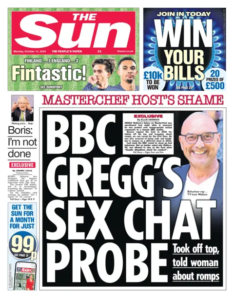 A manchete da primeira página do The Sun diz: "Investigação de chat de sexo da BBC Gregg". 