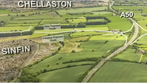 LDRS An aerial photograph of green fields near the A50 in Derbyshire, which shows the route of a new link road. 