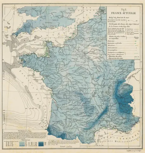 Hannah Wisdom The French map from 1871 shows France and southern England and Wales in shades of blue. The seas are graded with lines showing the depth of the water.