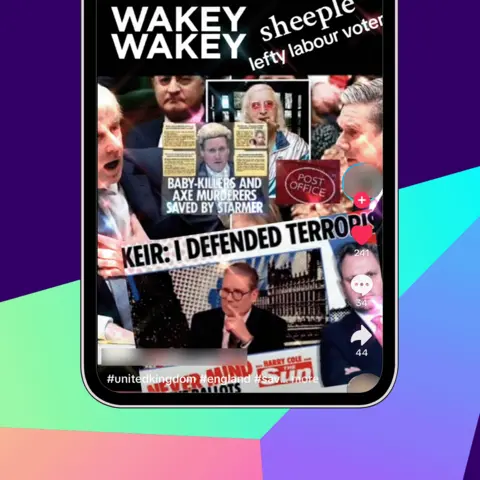A graphic showing a phone displaying a screenshot from a TikTok video with a montage of critical headlines about Keir Starmer's time as Director of Public Prosecutions, along with an image of Jimmy Savile and the text: "Wakey, wakey, sheeple lefty labour voter"