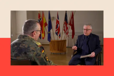 General Carsten Breuer sits in military fatigues opposite Allan Little, who is wearing a dark suit