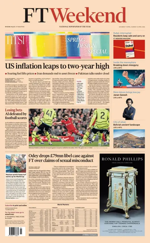 The headline on the front page of the FT Weekend reads: "US inflation leaps to two-year high."
