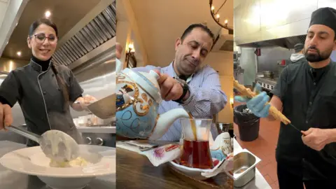 Three restauranters from Cowley Road (L-R), a woman in a black chef's top, a man pouring a teapot, and a man dressed in black in a kitchen 