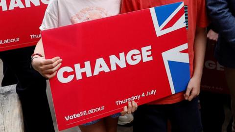 A sign reading "Change" and sporting a red background with a half-Union Jack on it